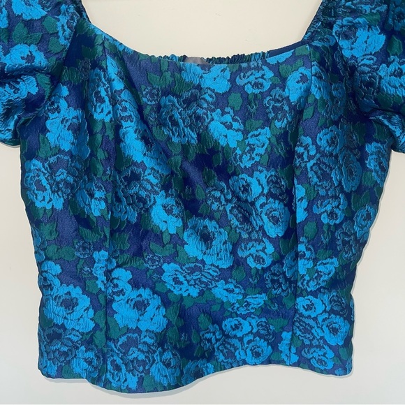 Anthropologie Puff Sleeve Jaquard Top 4 Square Neck Cropped Blue/Green NEW! - Picture 8 of 10